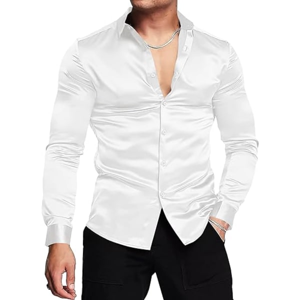 Långärmade klänningskjortor i sidensatin för män Glänsande Casual Button Down-skjorta White M