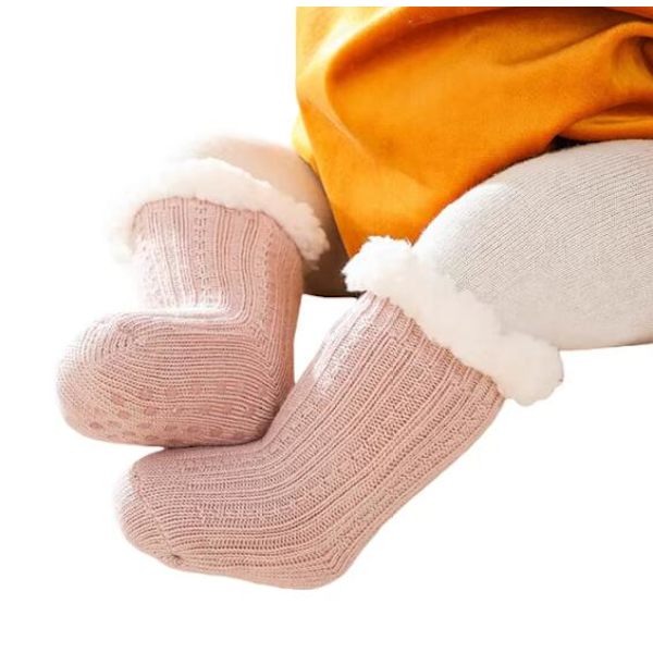 Vinterstrumpor för barn, Lammullstrumpor, Varma Tjocka Stickade Halksäkra Strumpor Pink M