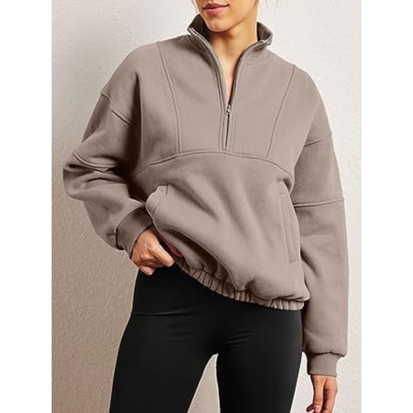 Dame Langærmet Lapel Halv Zip Up Sweatshirt Light Brown L