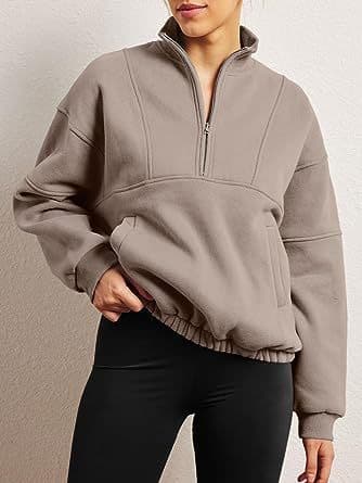 Hettegenser med lang erme og halv glidelås for kvinner Light Brown S