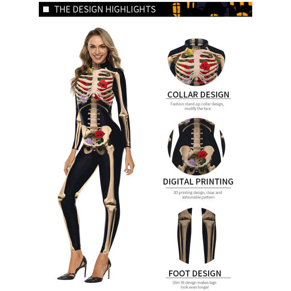 Kvinnors skelett Halloween Bodysuit Kostym Stretch Skinny Catsuit Jumpsuit WB142008 M