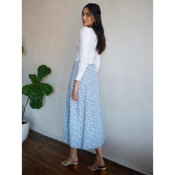 Sommarflödande midikjolar med slits för damer, ledig blommig kjol med hög midja blue L