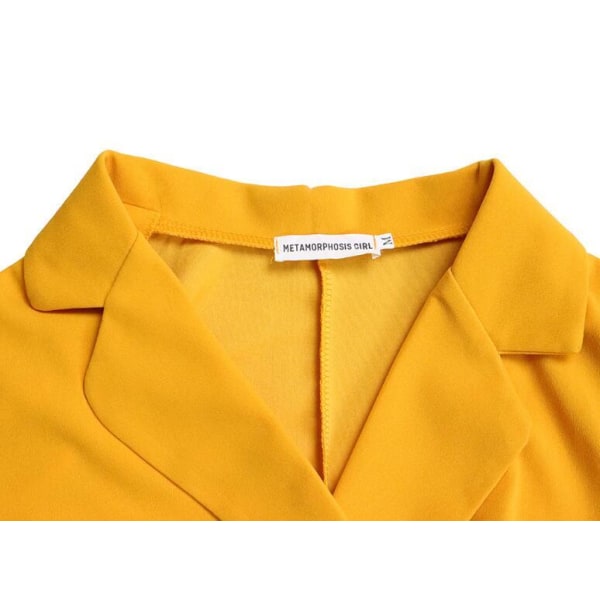 Kvinnlig Kostymkrage-Knytband-Midja-Plizerad Klänning Yellow 3XL