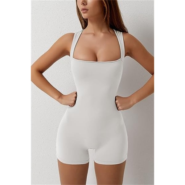 Damer Strappy Square Neck Linne Bodycon Stretch Shorts Jumpsuit White S