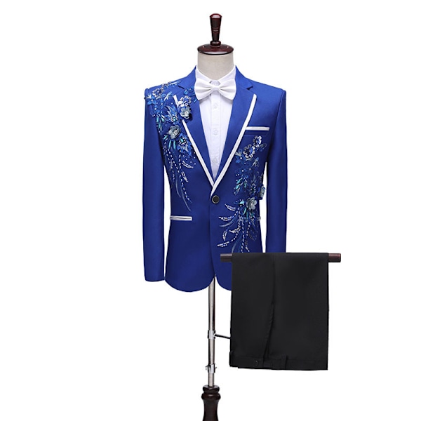 Herrar Sequin Kostym 2-delad Set Enknappig Blazer Outfit Blue M