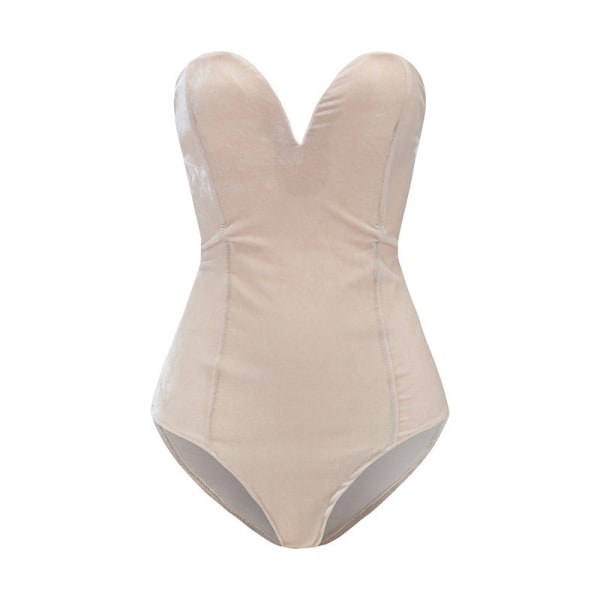 Kvinnors V-ringad Sexy Sammets Strapless Bodysuit Jumpsuit Hjärtformad Djup Beige M