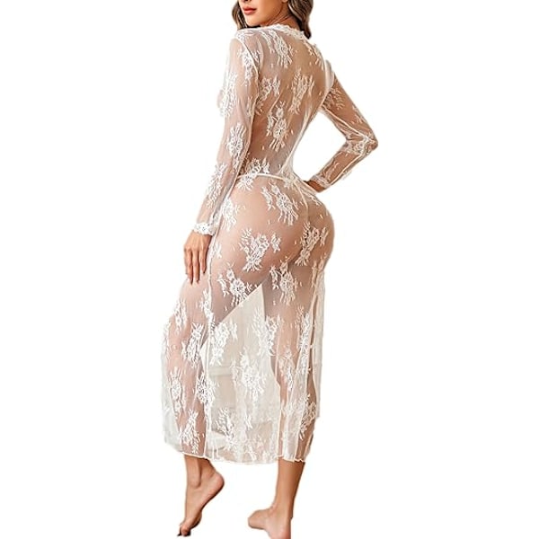 Naisten seksikäs pitkä pitsi-aamutakki läpinäkyvä kimono-aamutakki White 2XL