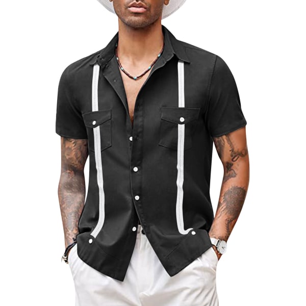 Kortärmad kubansk Guayabera-skjorta för män, Casual Beach Button Down-skjortor BLACK 2XL
