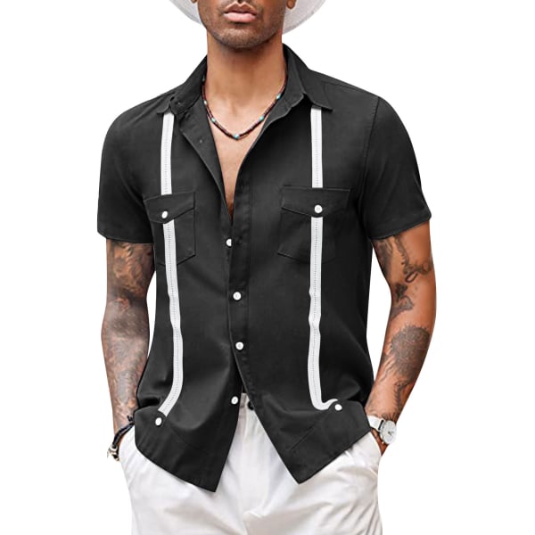 Mænds Kortærmet Cuban Guayabera Skjorte, Afslappet Strand Knappeskjortes BLACK S