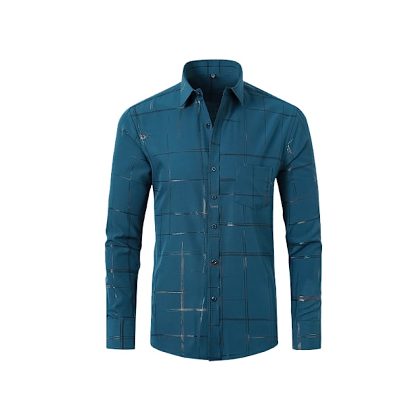 Menn's Rutete Skjorte med Knapper, Lang Erme, Dress Skjorte Blue XL