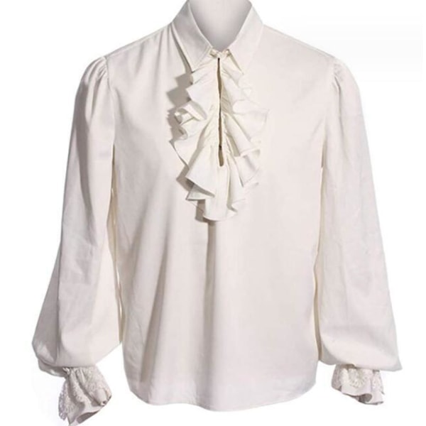 Långärmad viktoriansk volangskjorta för män White 2XL