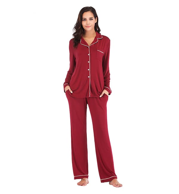 Pyjamas Set för Kvinnor, Långärmad, Knappar, Nattkläder, Bomull, Pj-Set Red L