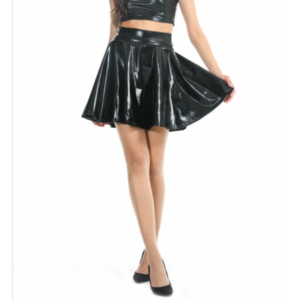 Kvinnors glänsande utsvängda plisserade mini skater kjol Black XL