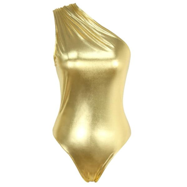 Kvindes Metallic Flydende Enkeltdelt Bodysuit En-Skulder Leotard Top Gold L