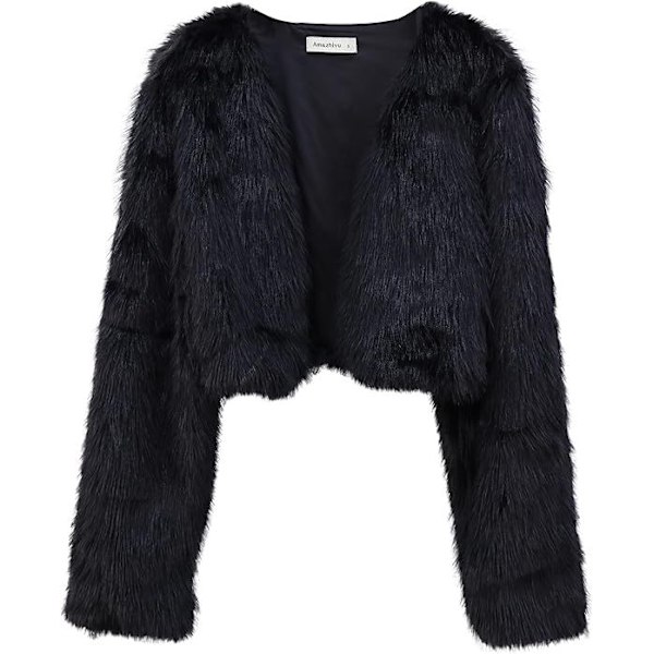 Kvinnors Mode Klippt Konstpälsjacka Långärmad Öppen Fram Kort Kavaj Black 2XL