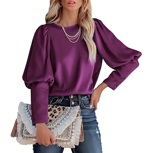 Satinbluse med Puff-ermer for kvinner - Avslappet og løs topp Purple M