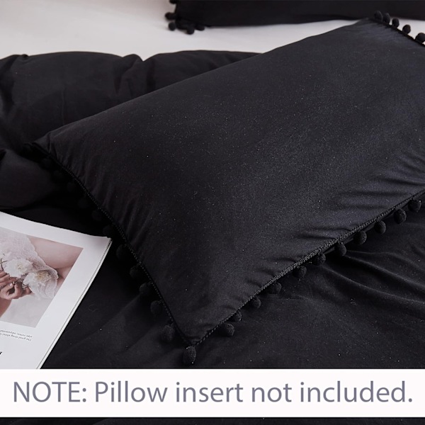 Bomullsöverdrag med Pompom- fransar, 3-delat Bohemiskt Mikrofiberset Black Full-200*228cm