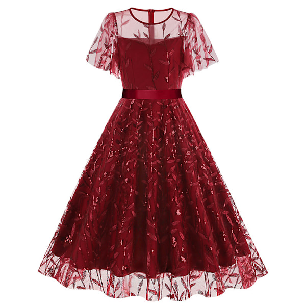 Kvinners 1950-talls Vintage Blomsterbrodert 3/4 Erme Mesh Midi Swing Dress Wine Red L