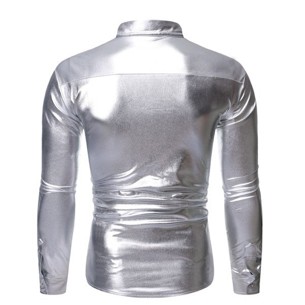 Menn Sequin Langarmet Skjorte Metallisk 64s Skjorte Knappeskjorte Silver M