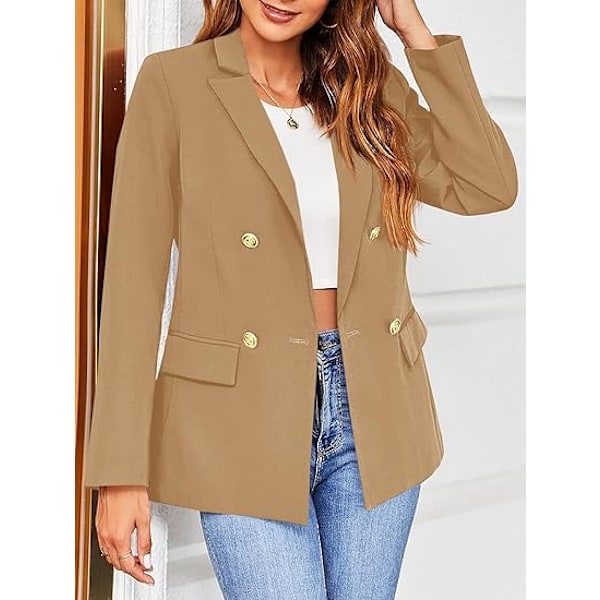 Dame Blazerjakke i Ensfarvet Casual Langærmet med Rever og Knapper Brown XL