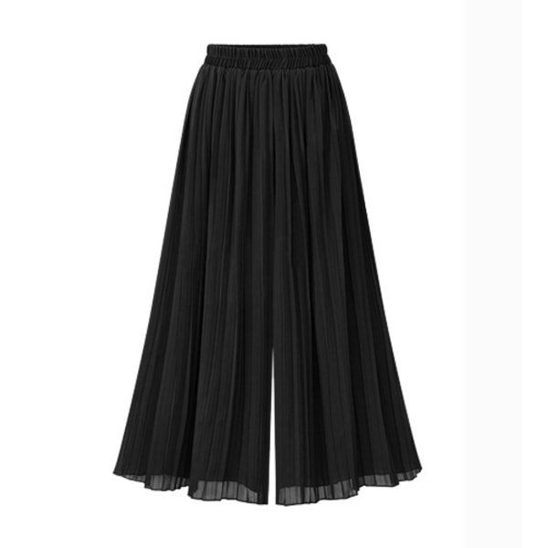 Dame Elastisk Talje Plisseret Chiffon Culottes Cropped Bred Ben Flydende Bukser black 3XL
