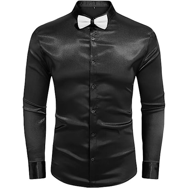 Herrar Silke Satin Långärmad Klänningsskjorta Blank Casual Knapp-Ner Skjorta Black L