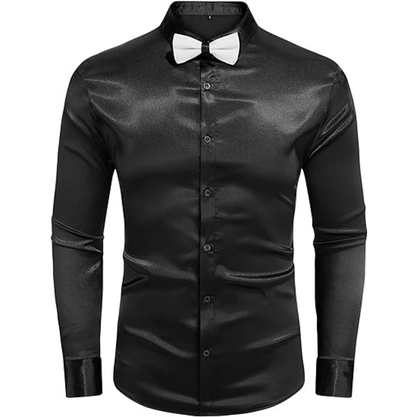 Långärmade klänningskjortor i sidensatin för män Glänsande Casual Button Down-skjorta Black S
