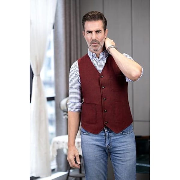 Herrar Vintage Tweed Väst V-ringad Casual Ull Väst Wine Red S