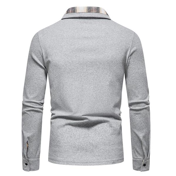 Herrar Långärmad Rutig Patchwork Lapel Casual Skjorta Gray L