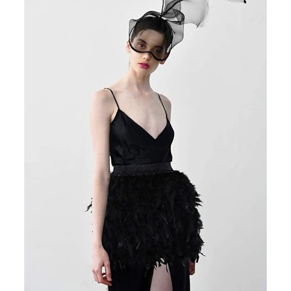 Dame Sexy Naturlig Fjærskjørt Mote Kort Mini A-linje Fjærbelagt Tutu Skjørt Black XL