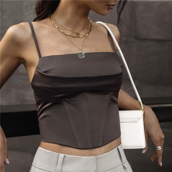 Spaghetti Strap Linne Sexig Backless Bandage Skinny Crop Tops brown S