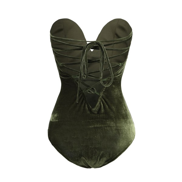 Kvinders V-hals Sexy Fløjls Strapless Bodysuit Jumpsuit Sød Hjerteformet Dyb Army Green XL