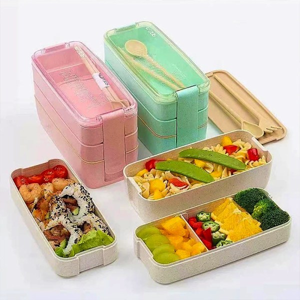 Bento Lunchbox för Vuxna, Stapelbar, 3-i-1 Fack green