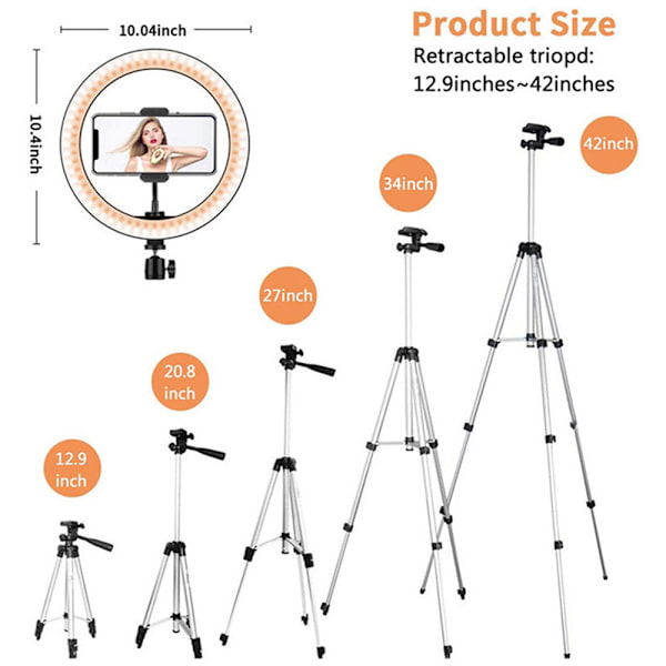 10'' Rengasvalo, Laajennettava Tripod-jalusta, LED-ympyrävalot SILVER