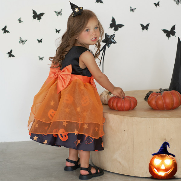 Baby Pige Halloween Græskar Print Tutu Bueslips Kjole 70cm