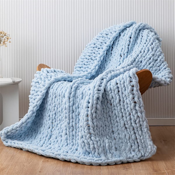 Tyk Strikket Tæppe, Blødt Strikket Hæklet Tæppe til Sofa Hjemmeindretning Blue