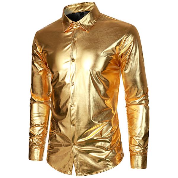 Miesten Luksus Kiiltävä Silkkimainen Satiini Napitettu Pukeutumispaita Gold L