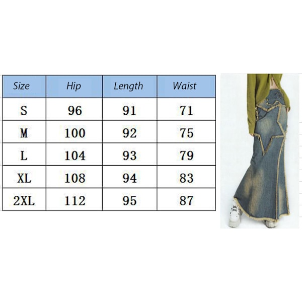 Dame Frynsete Kant Denim Maxi Skjørt Gulvlangt Langt Jeansskjørt M