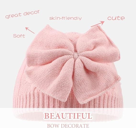 Varm stickad mössa med rosett för flickor, vinter Pink