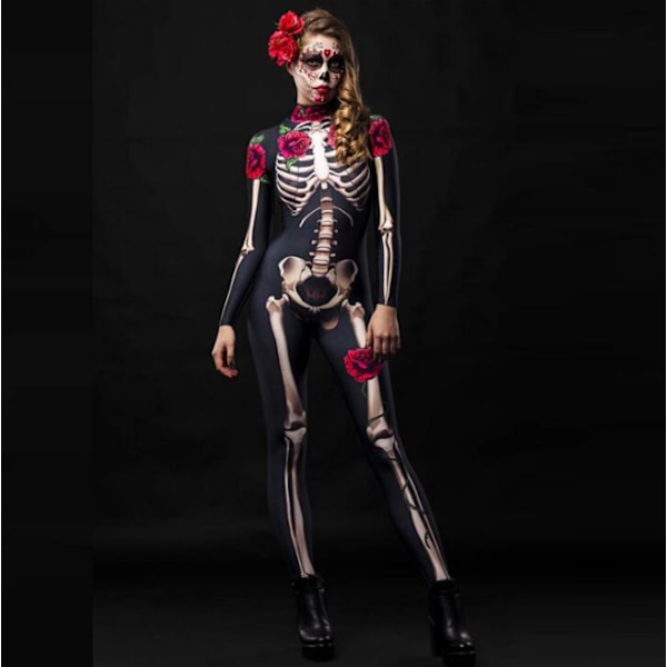 Kvinnor Bodycon Halloween 3D Skeleton Skull Bone Printed black red M