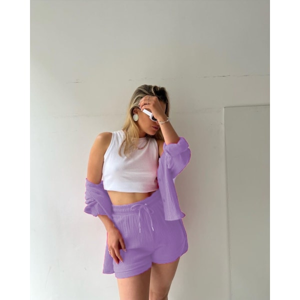 Dam 2-delad byxa set Linne Shirtort set Light Purple S