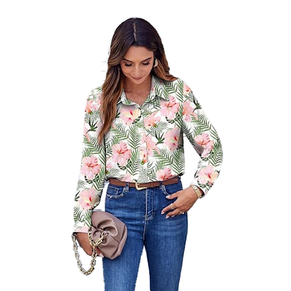 Dam Skjortor med Knappar Blommig Tryck Långärmad Vardaglig Topp Green XL