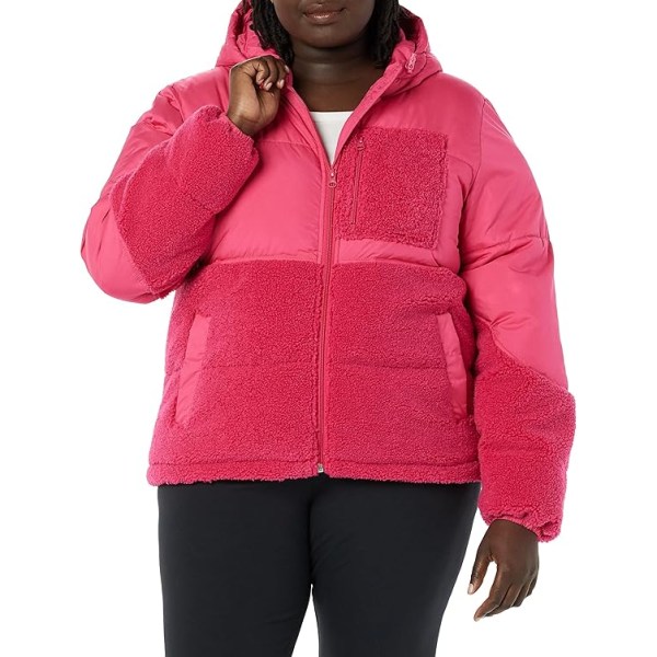 Vinterjakke for kvinner i sherpa-fleece med lappverk Pink S