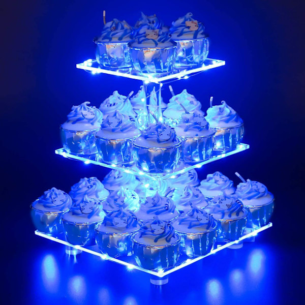 3-vånings Cupcakesställ i Akryl med LED-belysning för Födelsedagar och Bröllop blue