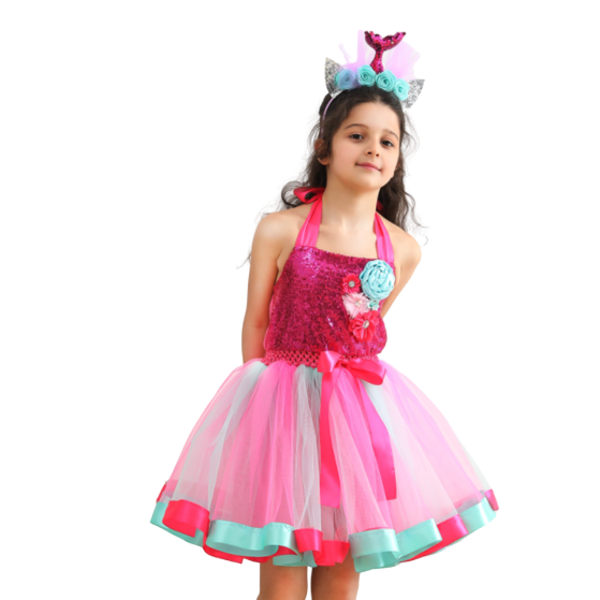 Paljett flickklänning sjöjungfru blommig pösig klänning multicolour 130CM