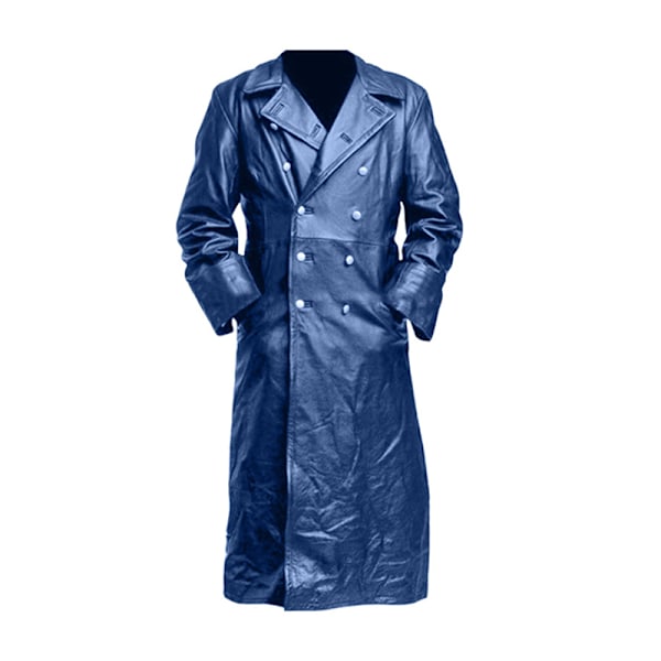 HERRER Lær Trenchcoat Full Lengde Vintage Kunstlærjakke Blue 3XL