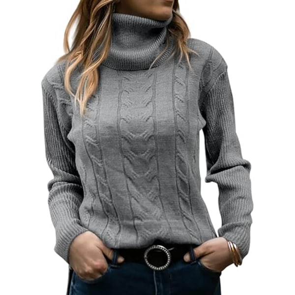Höghalsad långärmad stickad tröja för kvinnor Gray S