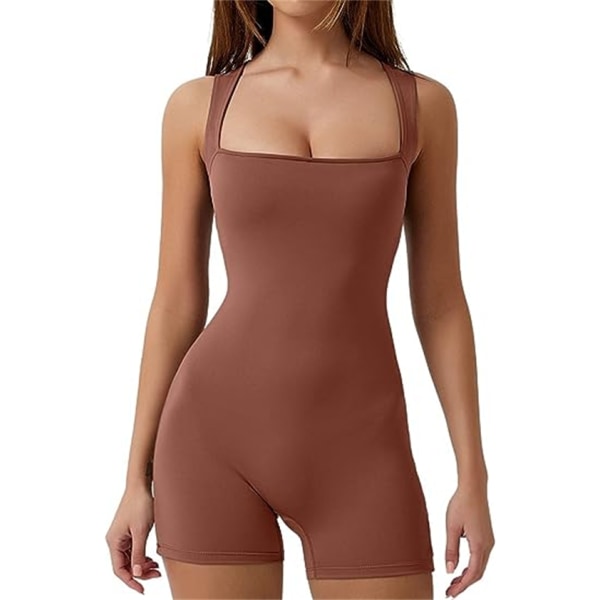Damer Strappy Square Neck Linne Bodycon Stretch Shorts Jumpsuit Brown L