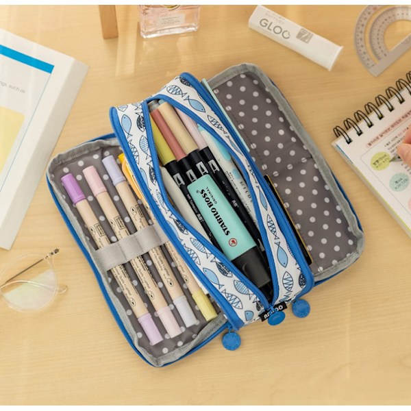 Case Stor kapacitet 3 fack Canvas pennfodral blue