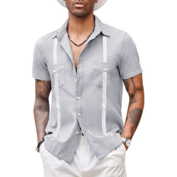 Kortärmad kubansk Guayabera-skjorta för män, Casual Beach Button Down-skjortor GRAY XL